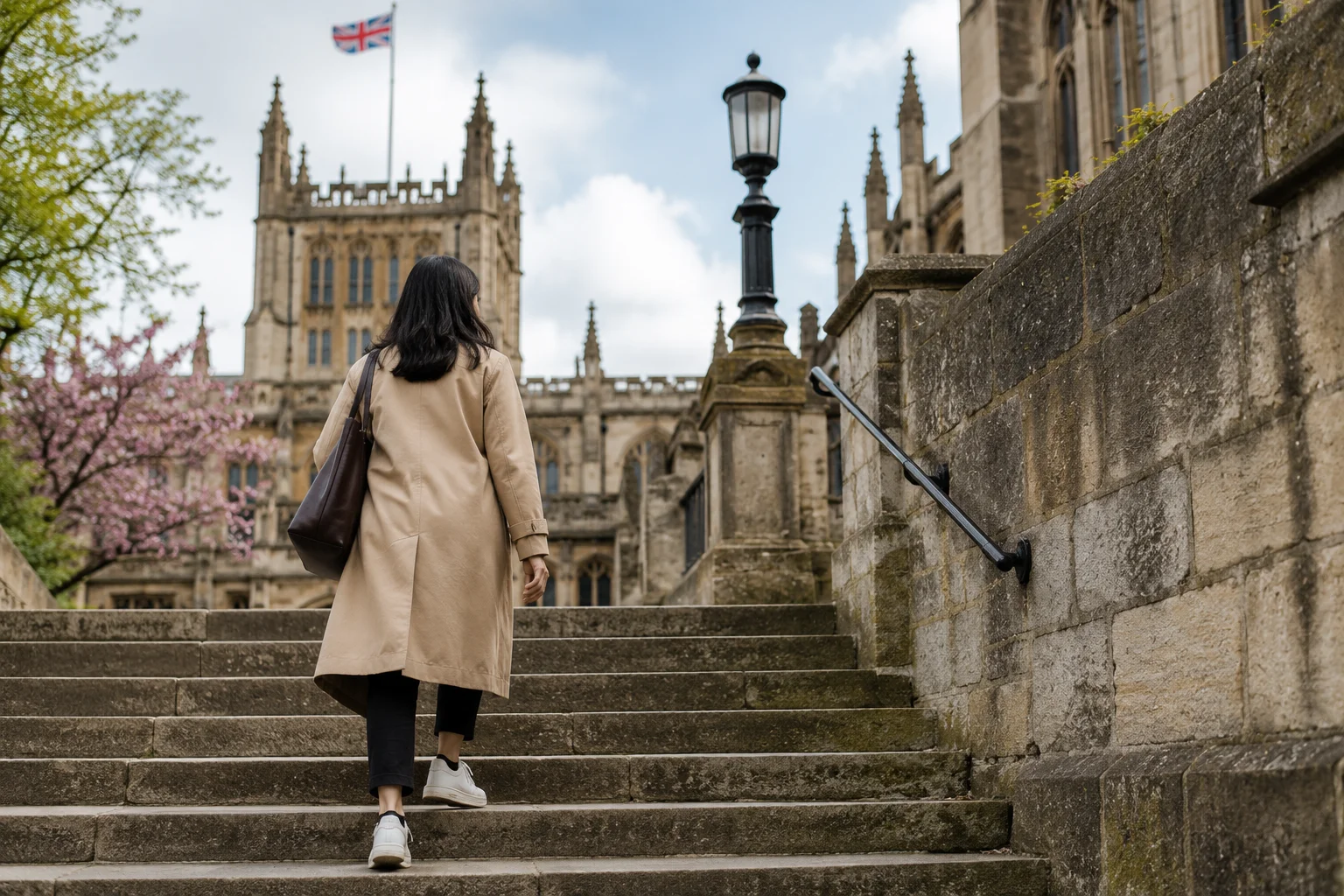 Migrant climbing historic stone steps, symbolizing settlement timelines for ILR and British citizenship in the UK.