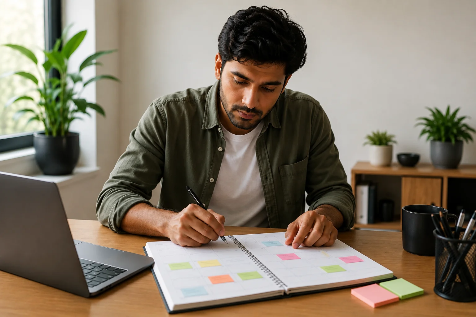 Professional planning important visa deadlines in the UK using a monthly calendar and schedule planner.