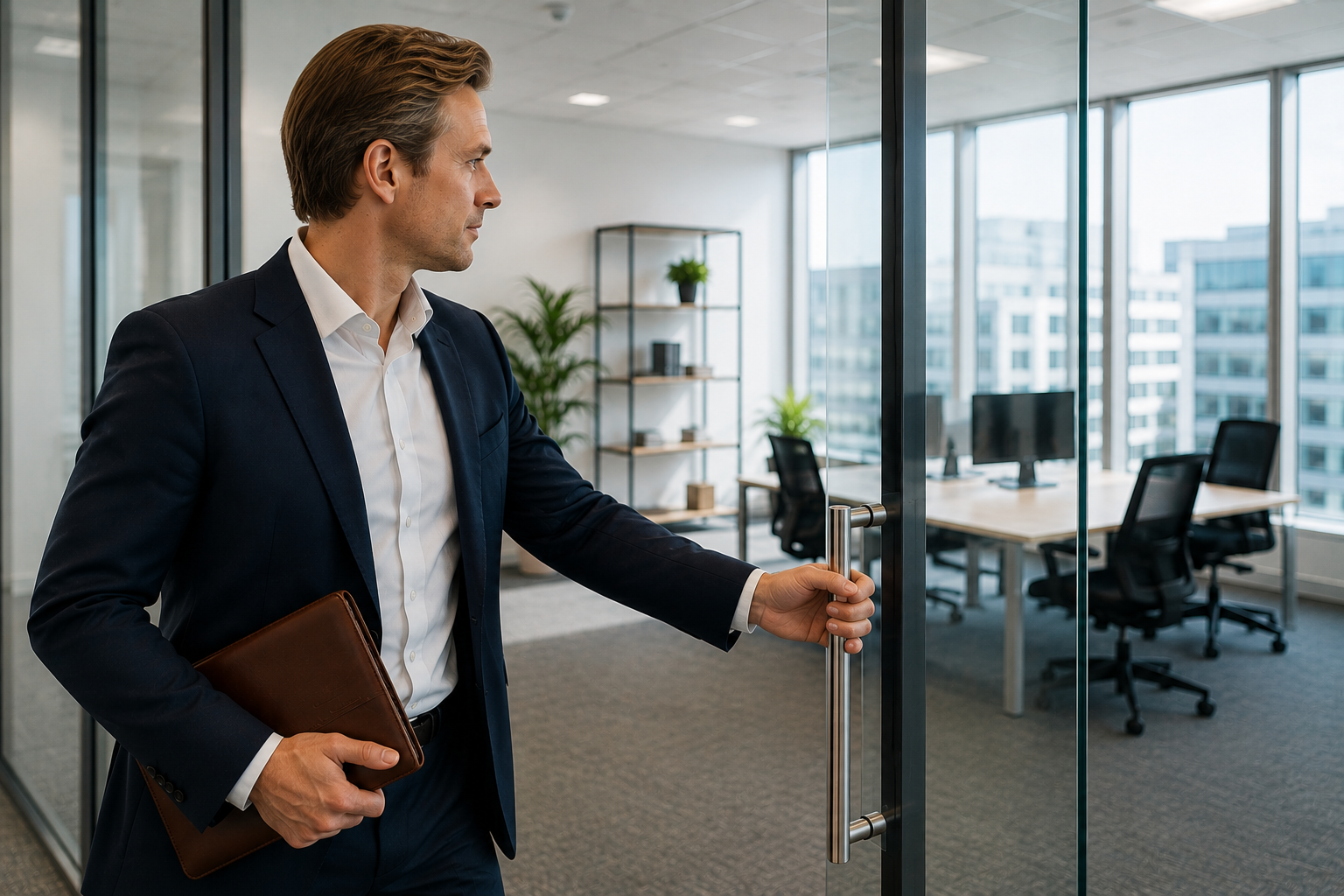 Business professional entering a new UK office to establish operations under the Expansion Worker visa route.