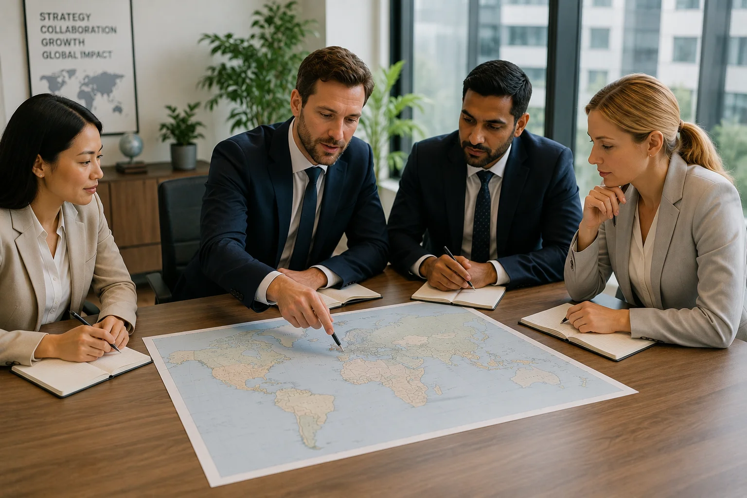Business professionals reviewing a world map during an international strategy meeting to discuss UK business expansion and global workforce planning.