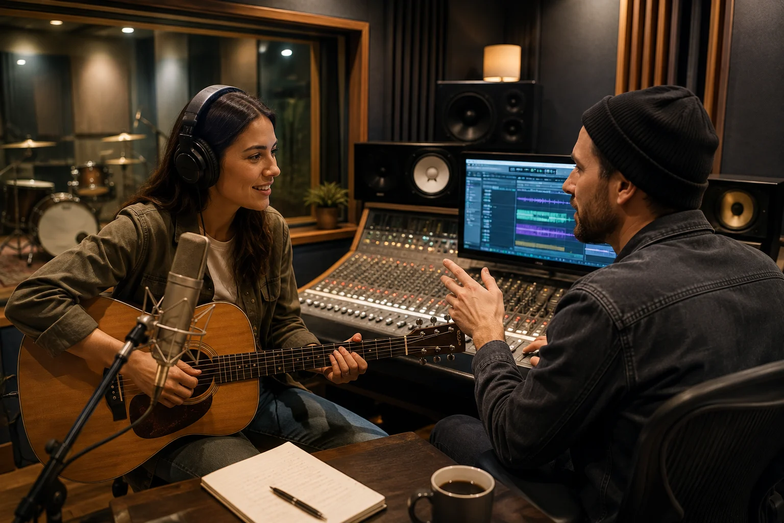 Musician working in a professional recording studio while preparing for creative work visa UK employment.