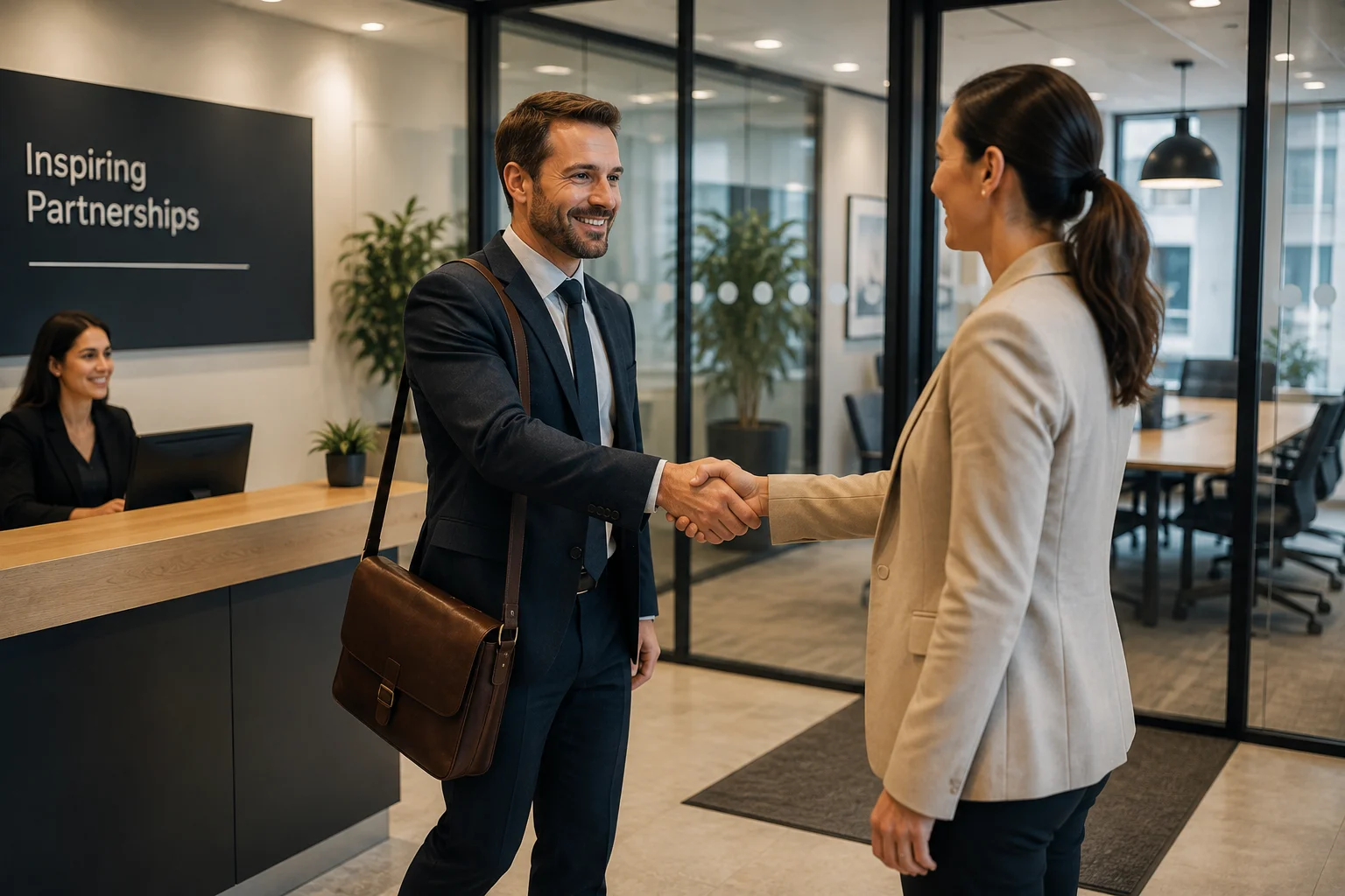 Business professional arriving for a client meeting during a business visit visa UK trip.